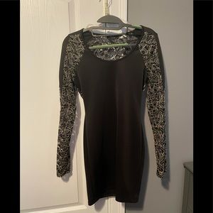Black long sleeve dress with gold floral lace